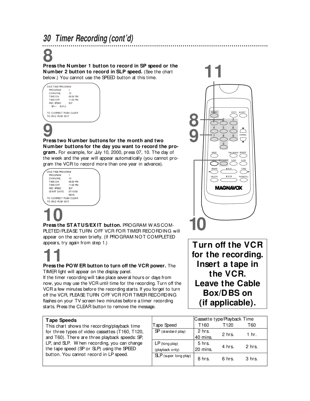 Magnavox VR401BMX, VR601BMX owner manual Timer Recording cont’d, Tape Speeds 