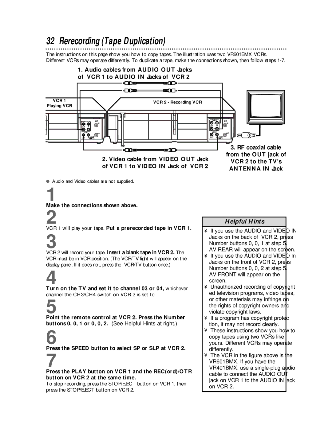 Magnavox VR401BMX, VR601BMX owner manual Rerecording Tape Duplication, RF coaxial cable 