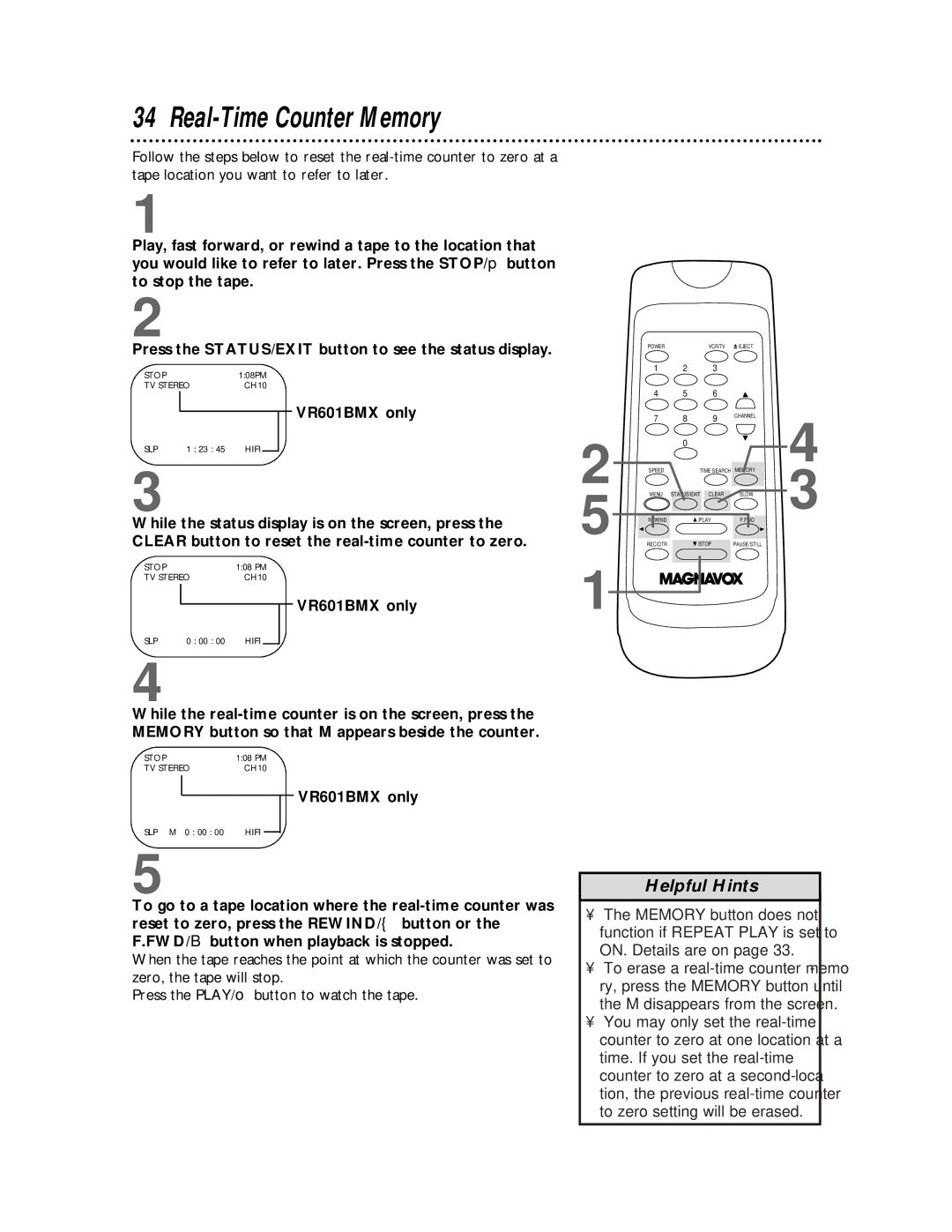 Magnavox VR401BMX, VR601BMX owner manual Real-Time Counter Memory 