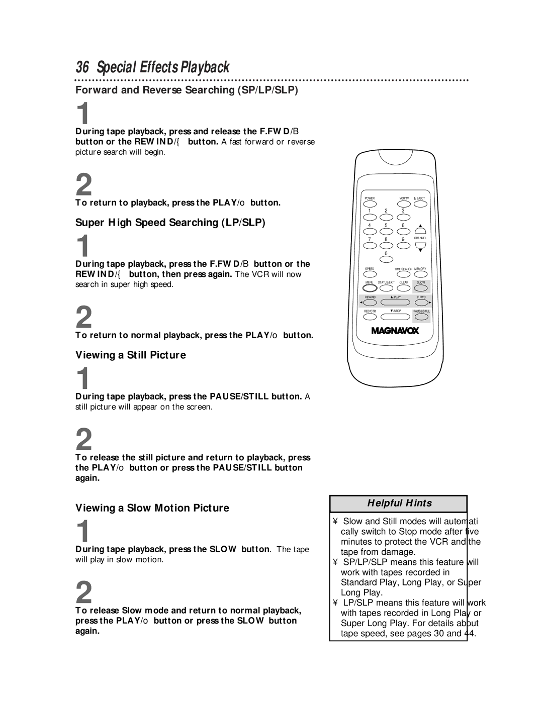 Magnavox VR401BMX Special Effects Playback, Forward and Reverse Searching SP/LP/SLP, Super High Speed Searching LP/SLP 