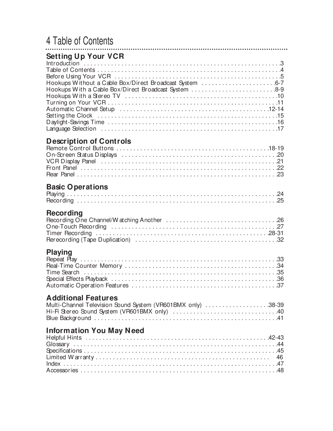 Magnavox VR401BMX, VR601BMX owner manual Table of Contents 