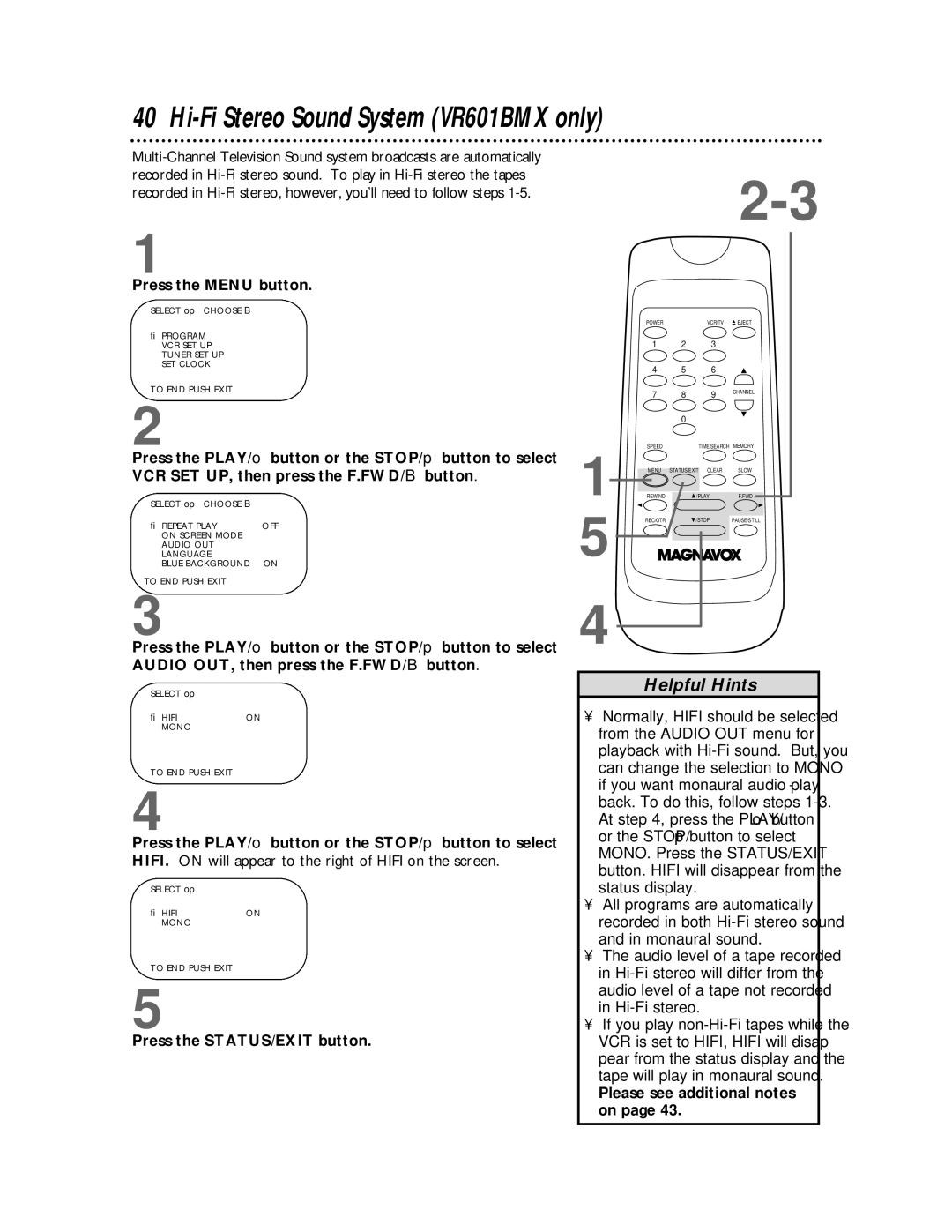 Magnavox VR401BMX owner manual Hi-Fi Stereo Sound System VR601BMX only, Please see additional notes on 