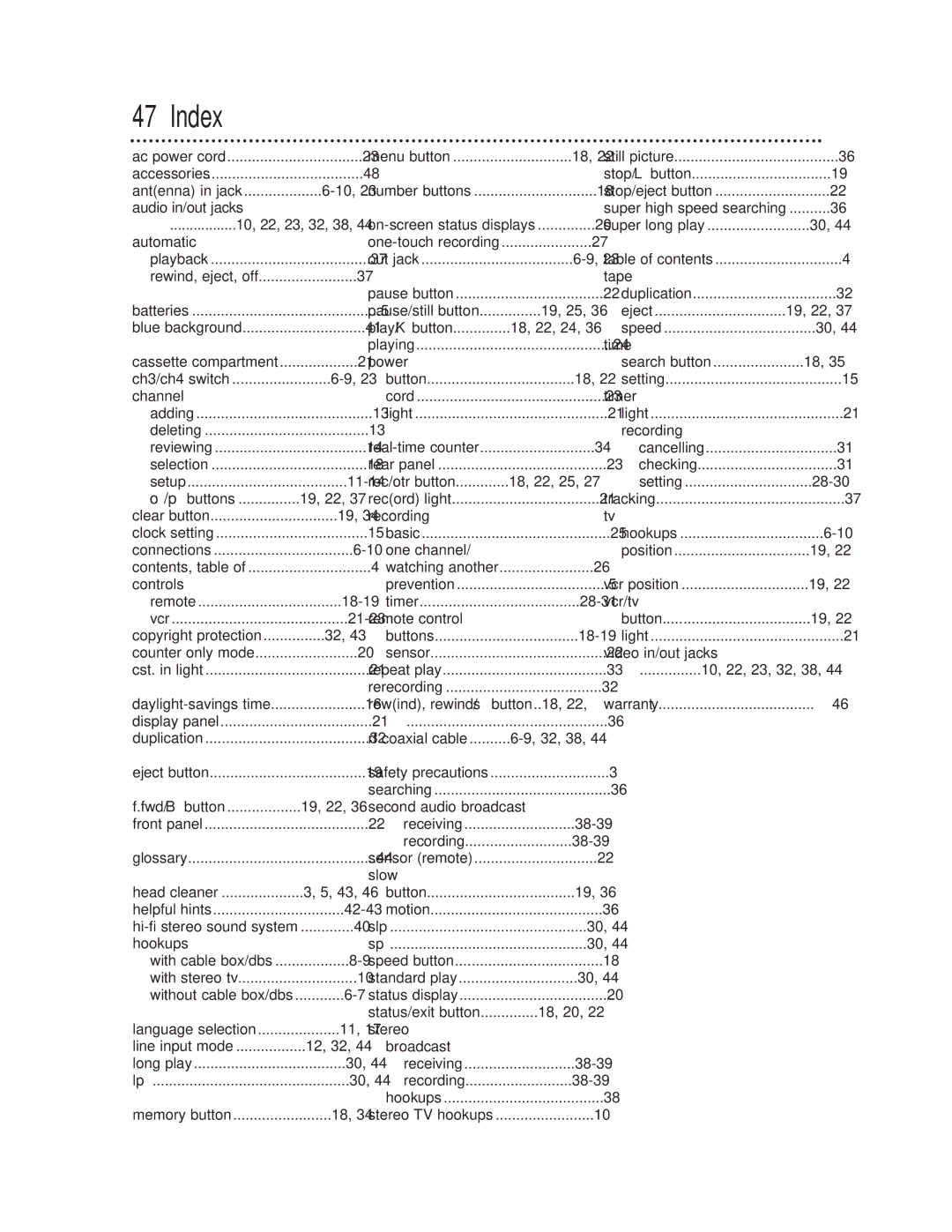 Magnavox VR601BMX, VR401BMX owner manual Index 