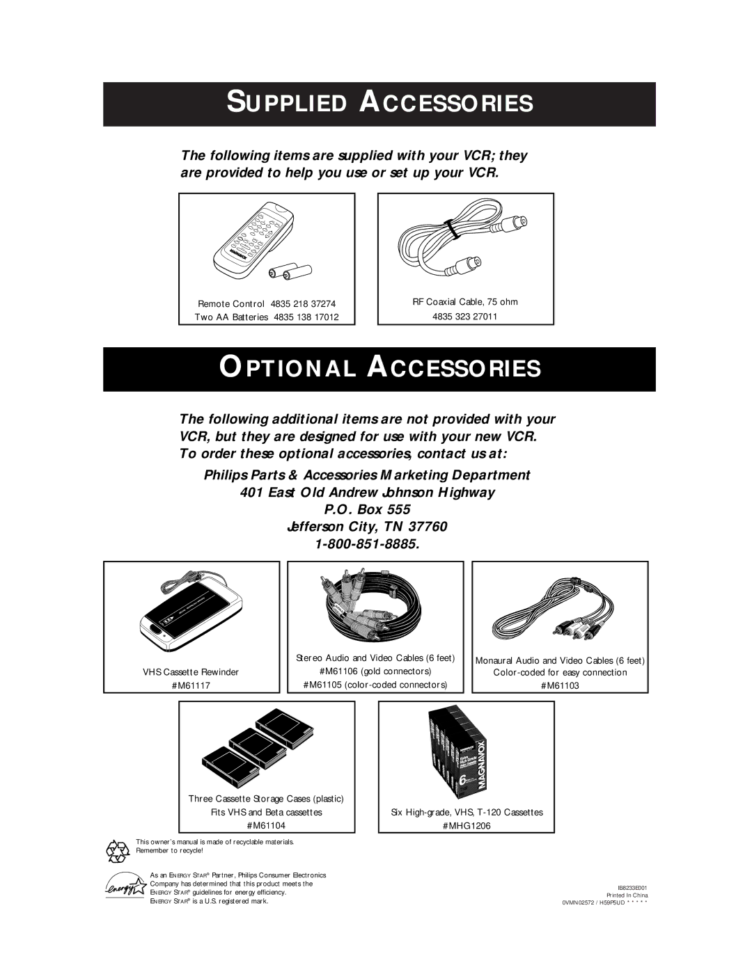 Magnavox VR401BMX, VR601BMX owner manual Supplied Accessories 