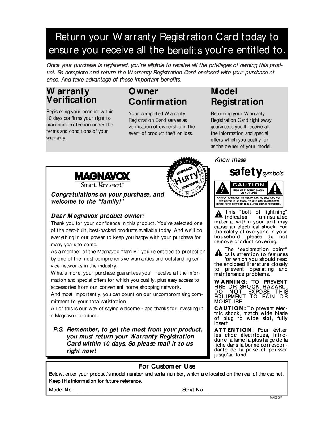 Magnavox VR401BMX, VR601BMX Warranty Verification, Owner Confirmation, AHurry, For Customer Use, Model Registration 