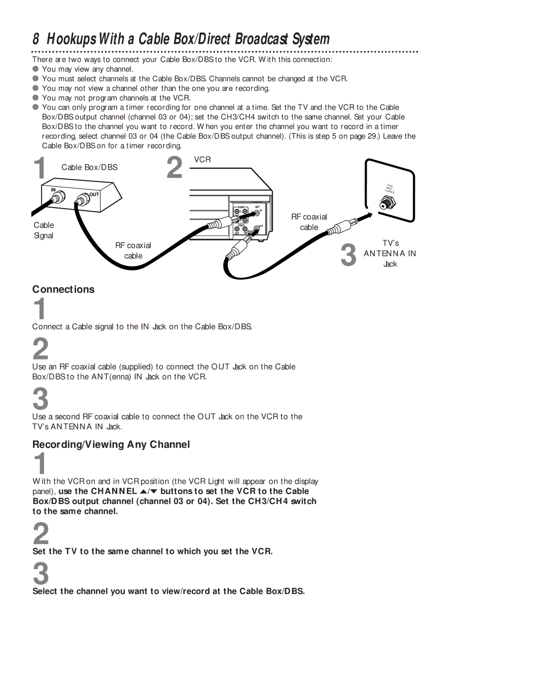 Magnavox VR602BMG manual Hookups With a Cable Box/Direct Broadcast System, Connections, Recording/Viewing Any Channel 