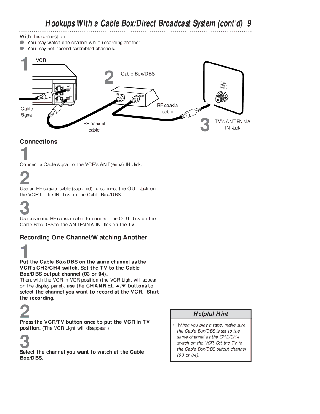 Magnavox VCRVR402BMG manual Hookups With a Cable Box/Direct Broadcast System cont’d, Recording One Channel/Watching Another 