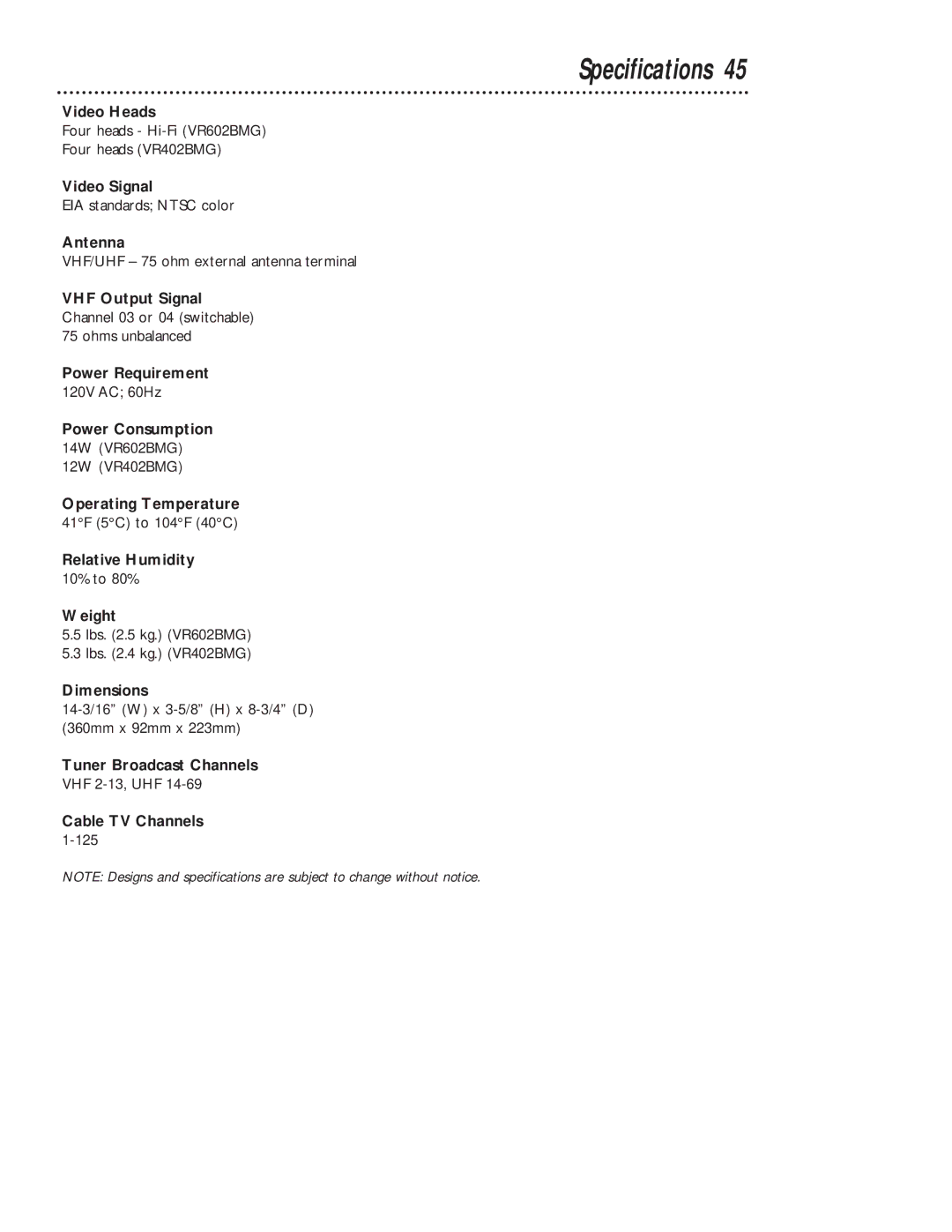 Magnavox VR402BMG, VR602BMG owner manual Specifications 