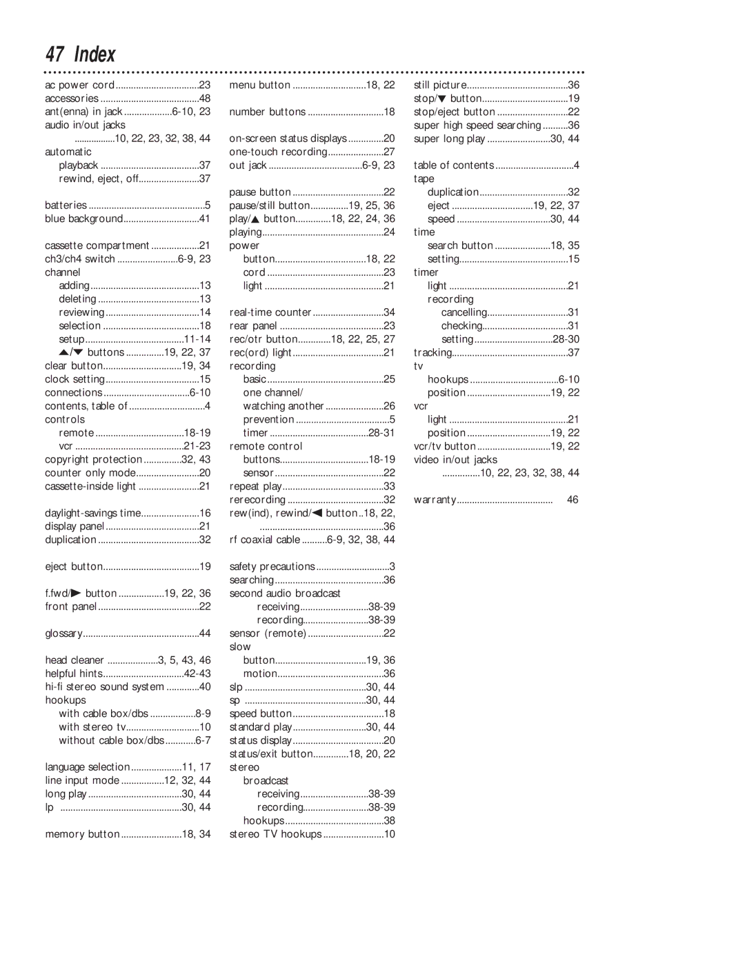 Magnavox VR402BMG, VR602BMG owner manual Index 