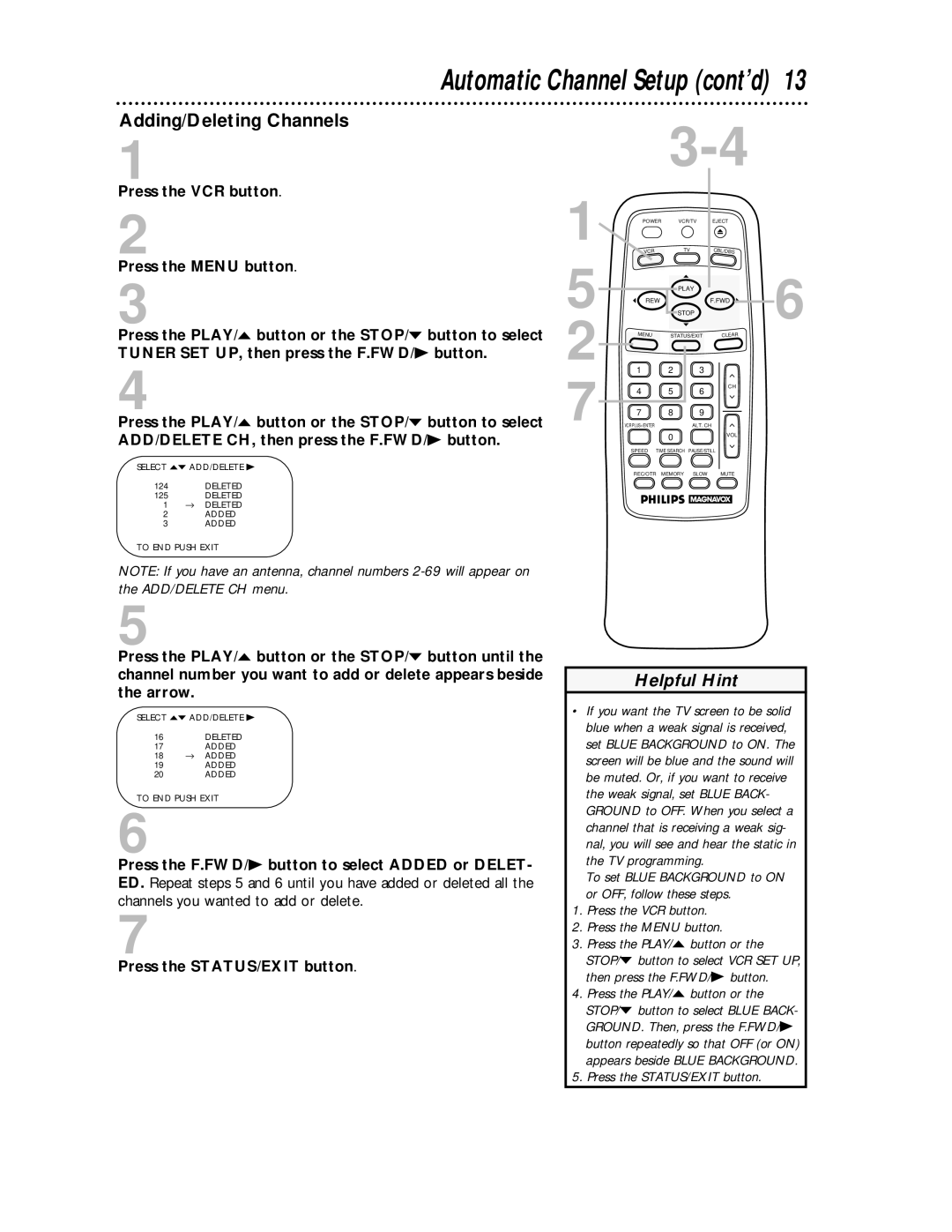 Magnavox VRA431AT99 owner manual Automatic Channel Setup cont’d, Adding/Deleting Channels 