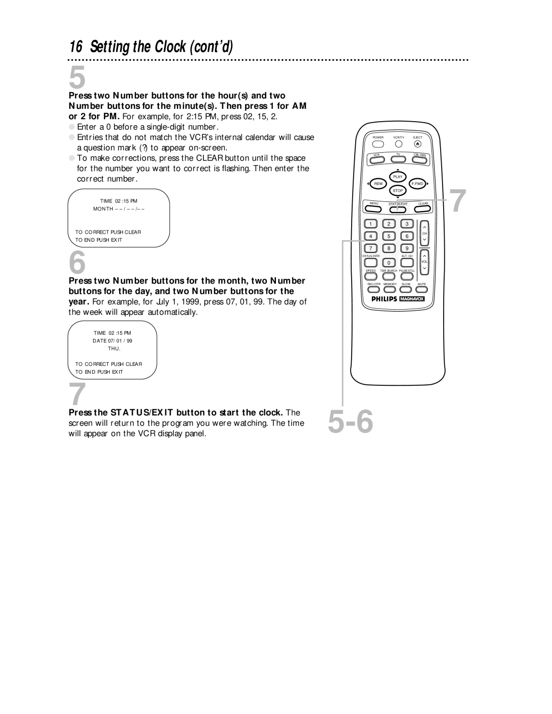 Magnavox VRA431AT99 owner manual Setting the Clock cont’d 