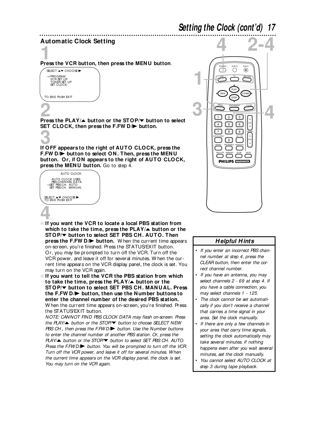 Magnavox VRA431AT99 owner manual Automatic Clock Setting, Press the VCR button, then press the Menu button 