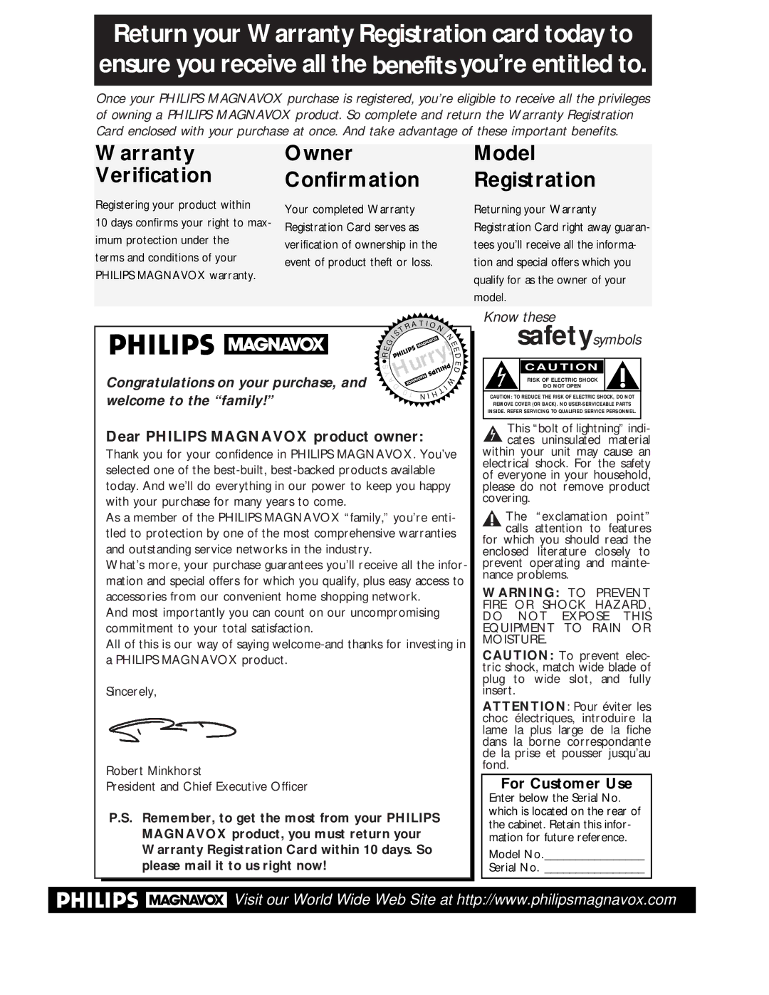 Magnavox VRA431AT99 owner manual Dear Philips Magnavox product owner, For Customer Use 