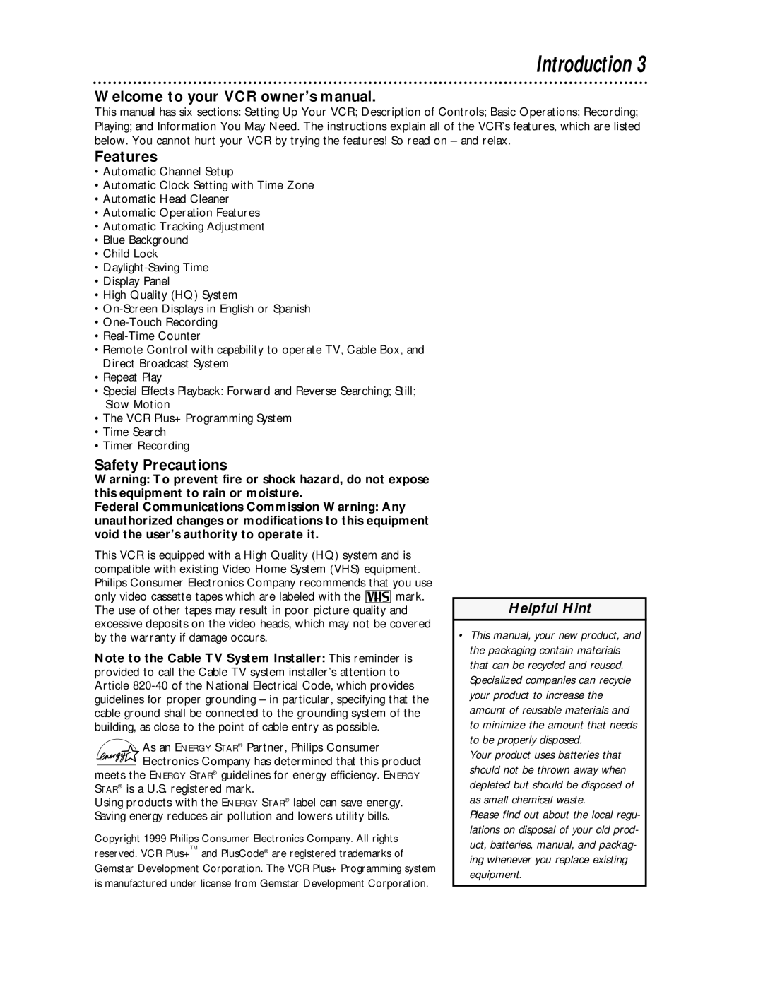 Magnavox VRA431AT99 owner manual Introduction, Features, Safety Precautions 