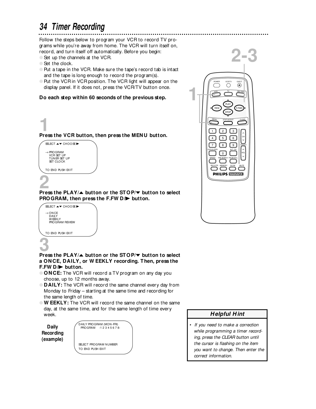 Magnavox VRA431AT99 owner manual Timer Recording, Daily 