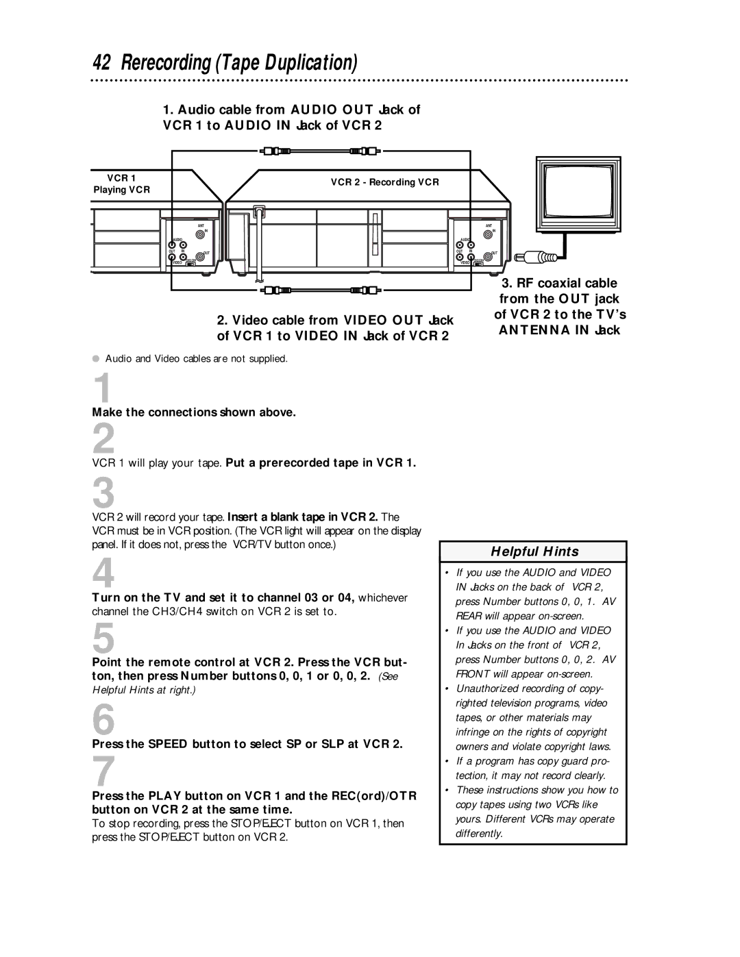 Magnavox VRA431AT99 owner manual Rerecording Tape Duplication, RF coaxial cable 