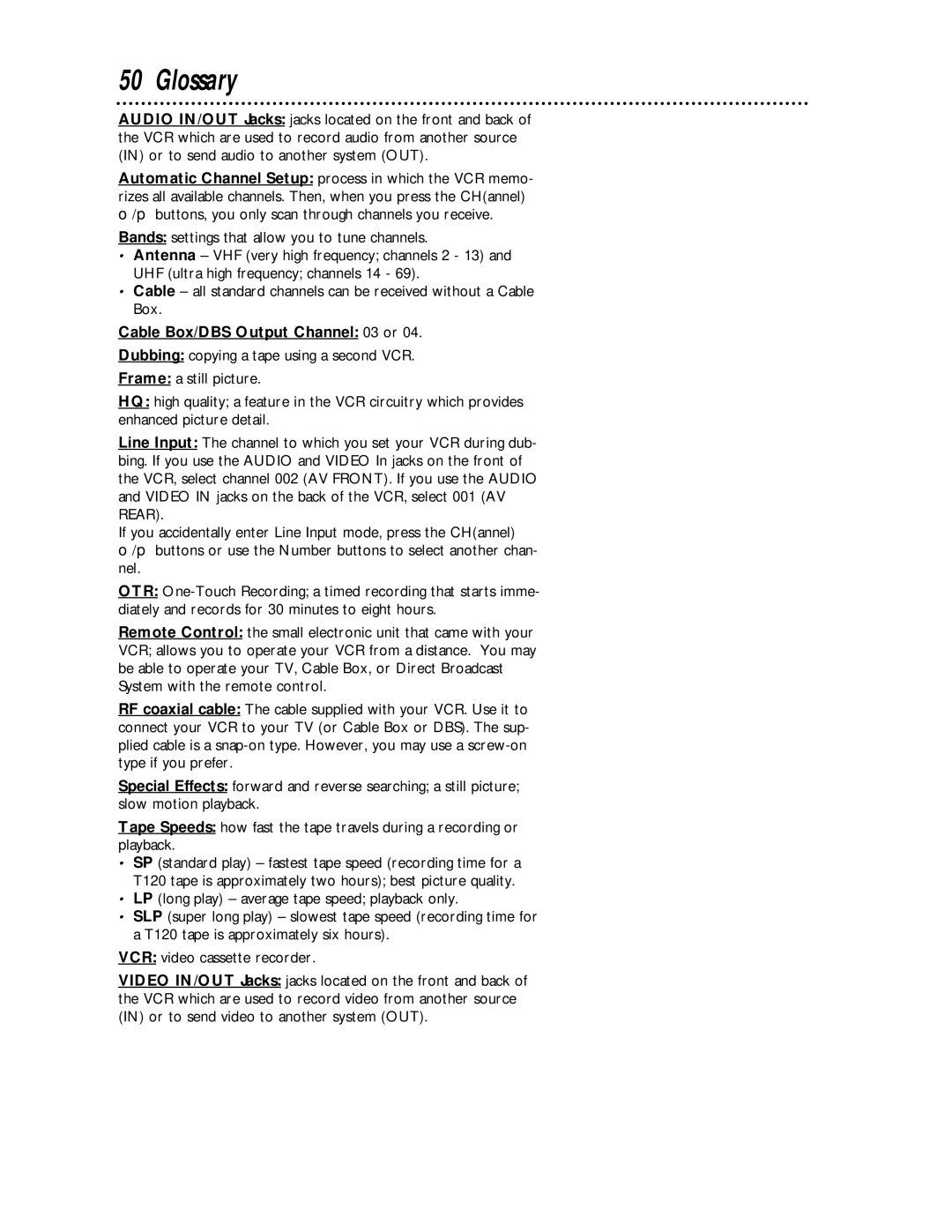 Magnavox VRA431AT99 owner manual Glossary, Cable Box/DBS Output Channel 03 or 