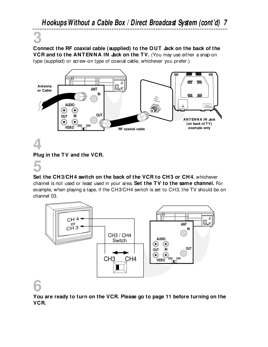 Magnavox VRA431AT99 owner manual CH3 CH4, Plug in the TV and the VCR 