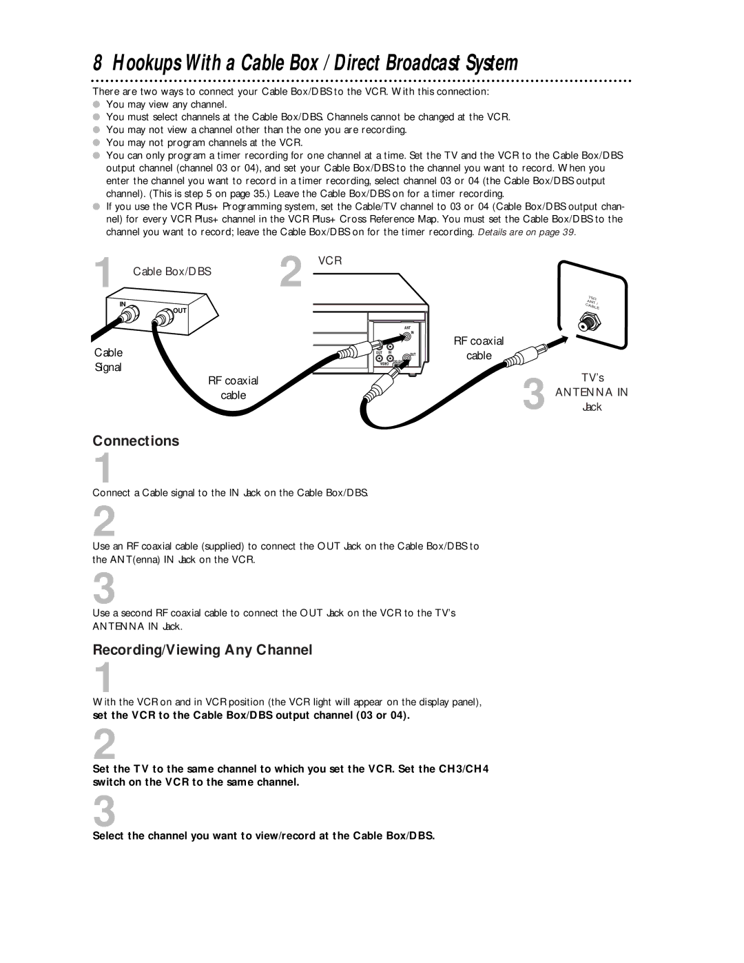 Magnavox VRA431AT99 Hookups With a Cable Box / Direct Broadcast System, Connections, Recording/Viewing Any Channel 