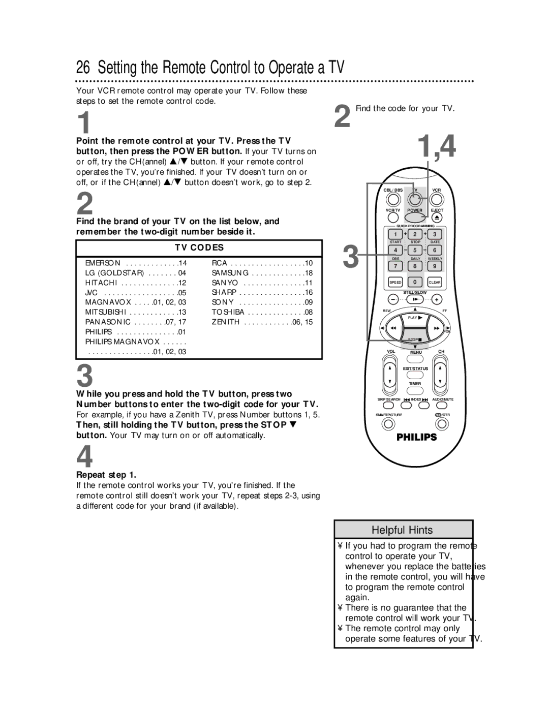 Magnavox VRA641AT99 owner manual Setting the Remote Control to Operate a TV, TV Codes 