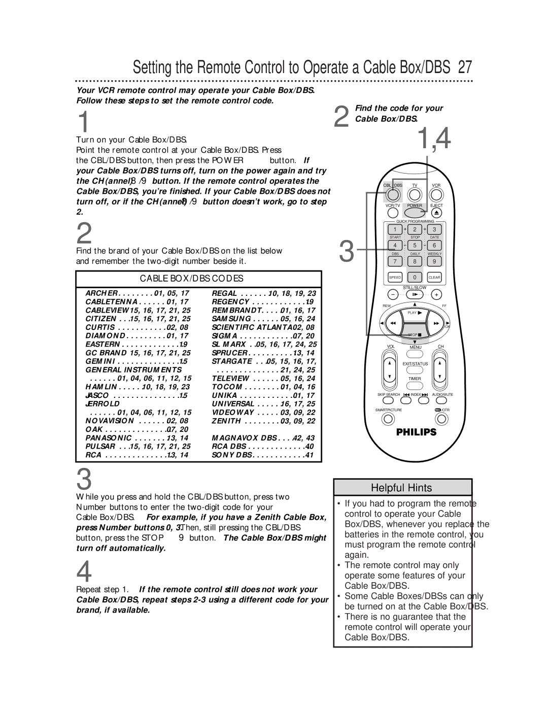 Magnavox VRA641AT99 owner manual Setting the Remote Control to Operate a Cable Box/DBS 