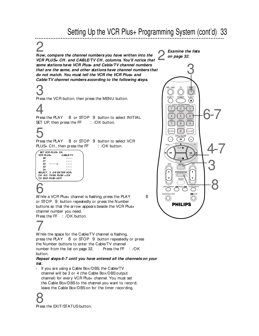 Magnavox VRA641AT99 owner manual Setting Up the VCR Plus+ Programming System cont’d, Examine the lists 2on 