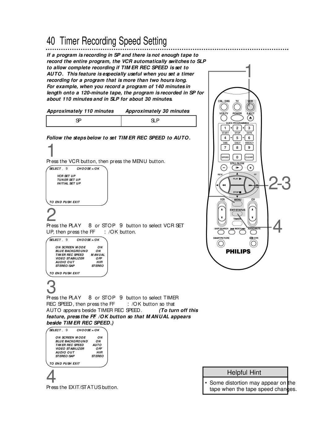 Magnavox VRA641AT99 owner manual Timer Recording Speed Setting, Follow the steps below to set Timer REC Speed to Auto 