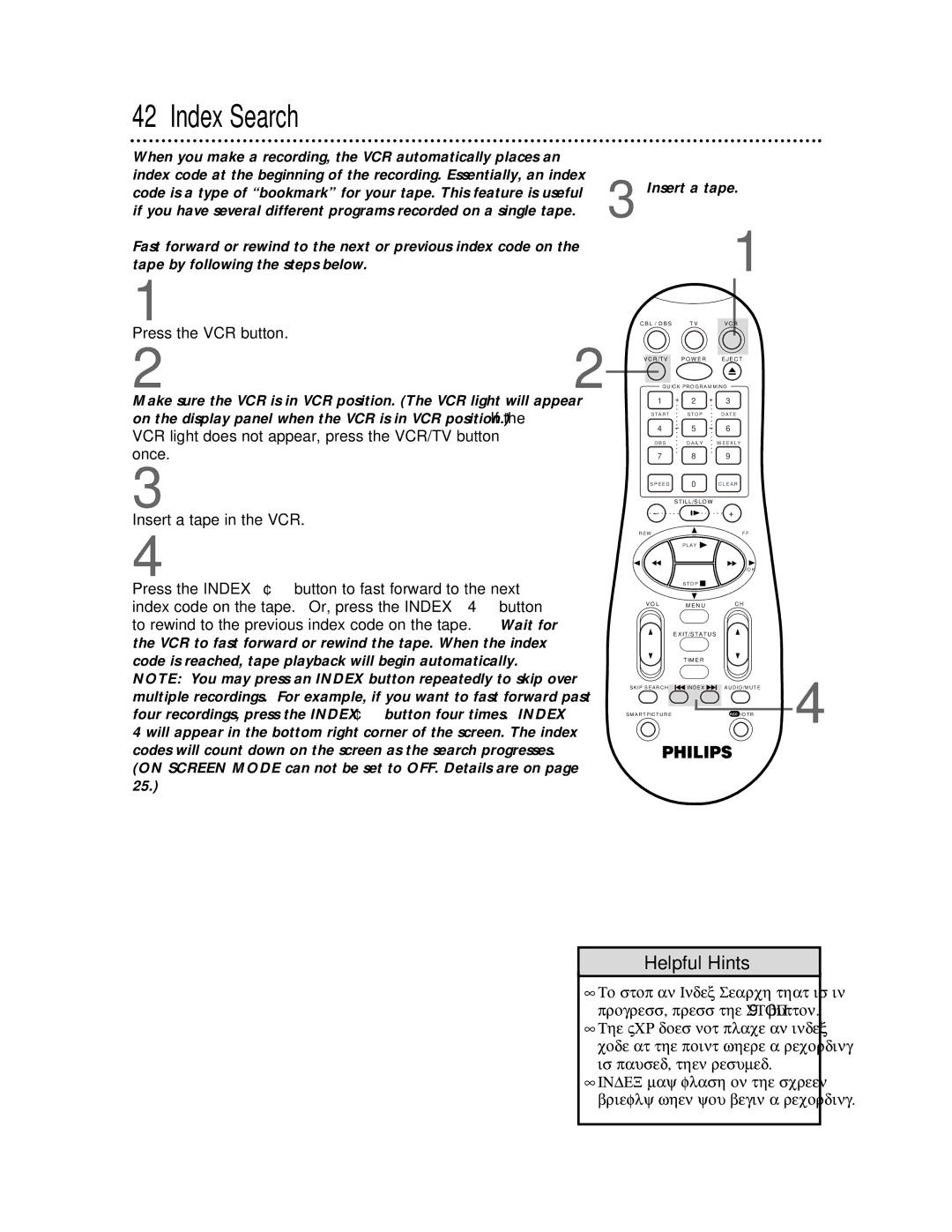 Magnavox VRA641AT99 owner manual Index Search, Press the VCR button 