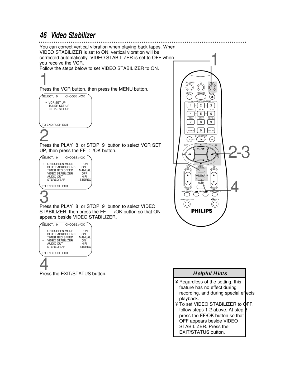 Magnavox VRA641AT99 owner manual Video Stabilizer 