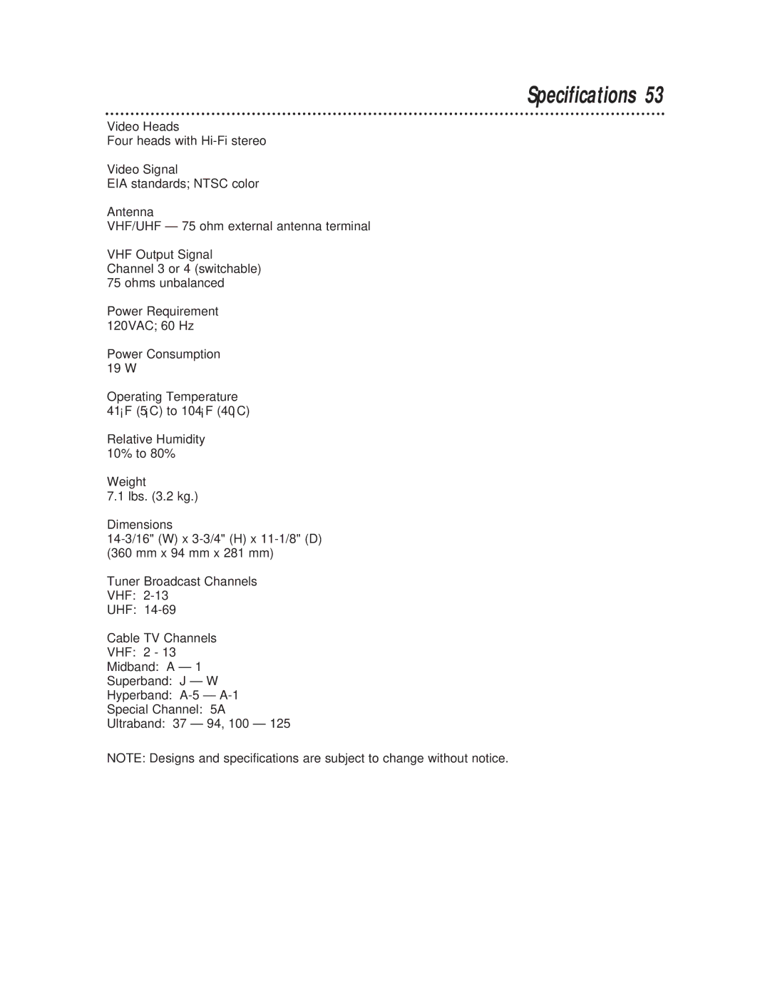 Magnavox VRA641AT99 owner manual Specifications 