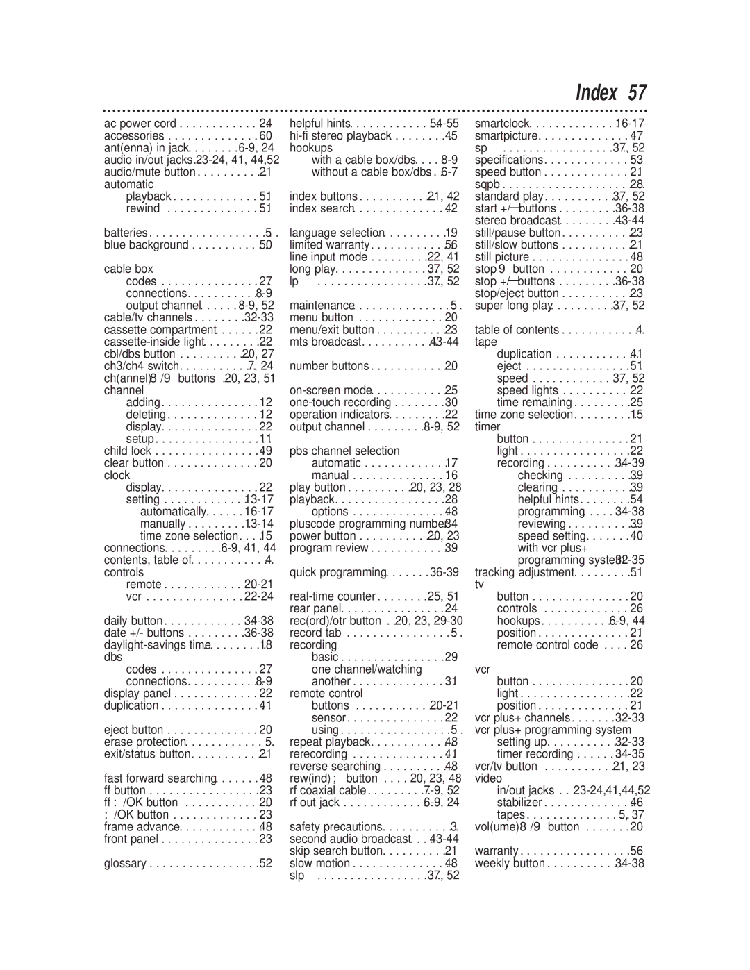 Magnavox VRA641AT99 owner manual Index 