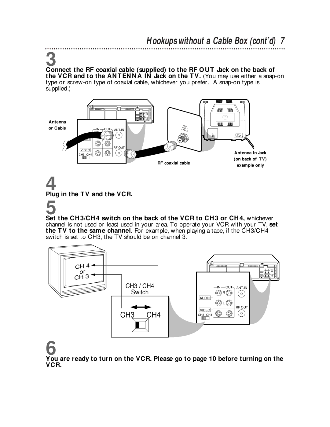 Magnavox VRA641AT99 owner manual Hookups without a Cable Box cont’d, CH3 CH4 