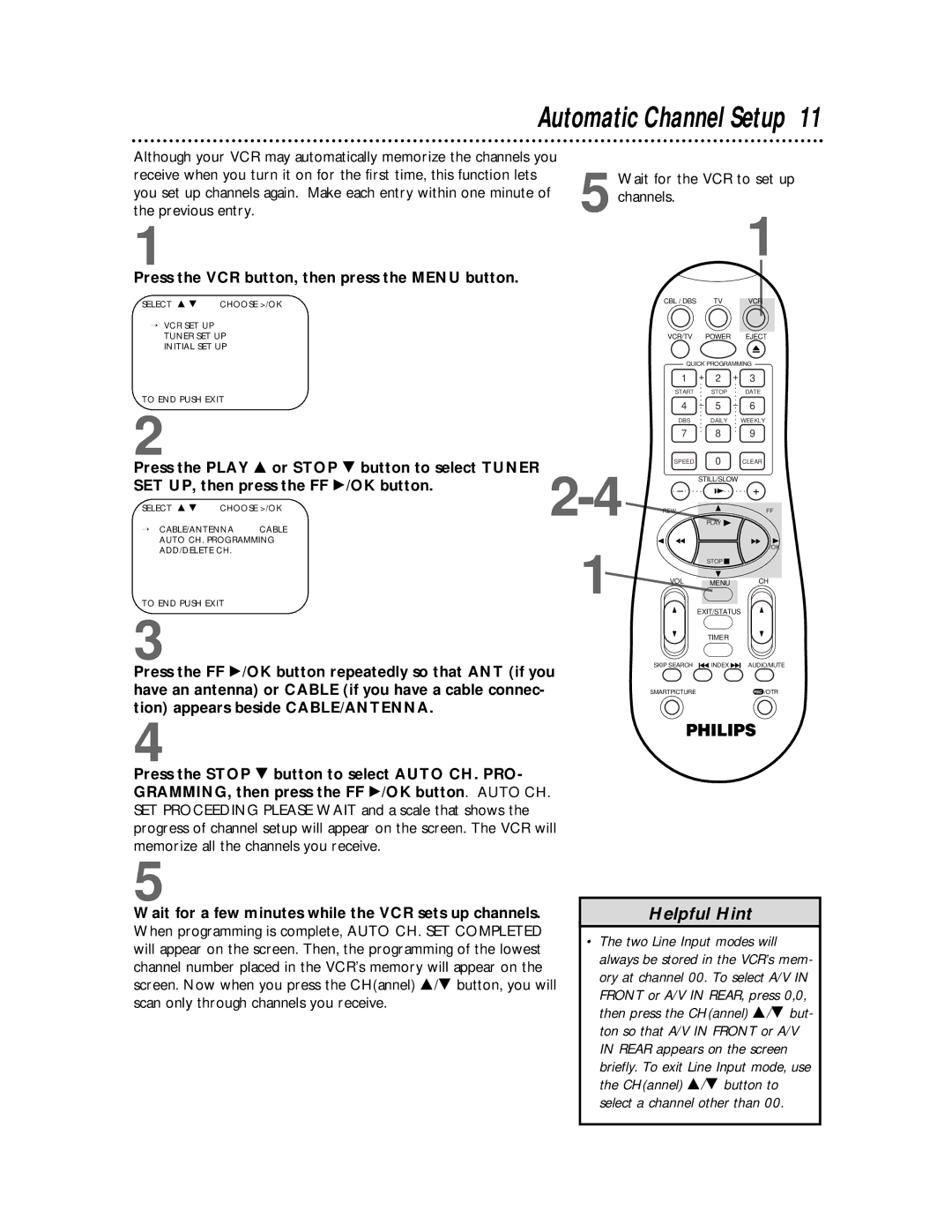 Magnavox VRA651AT owner manual Automatic Channel Setup, Press the VCR button, then press the Menu button 