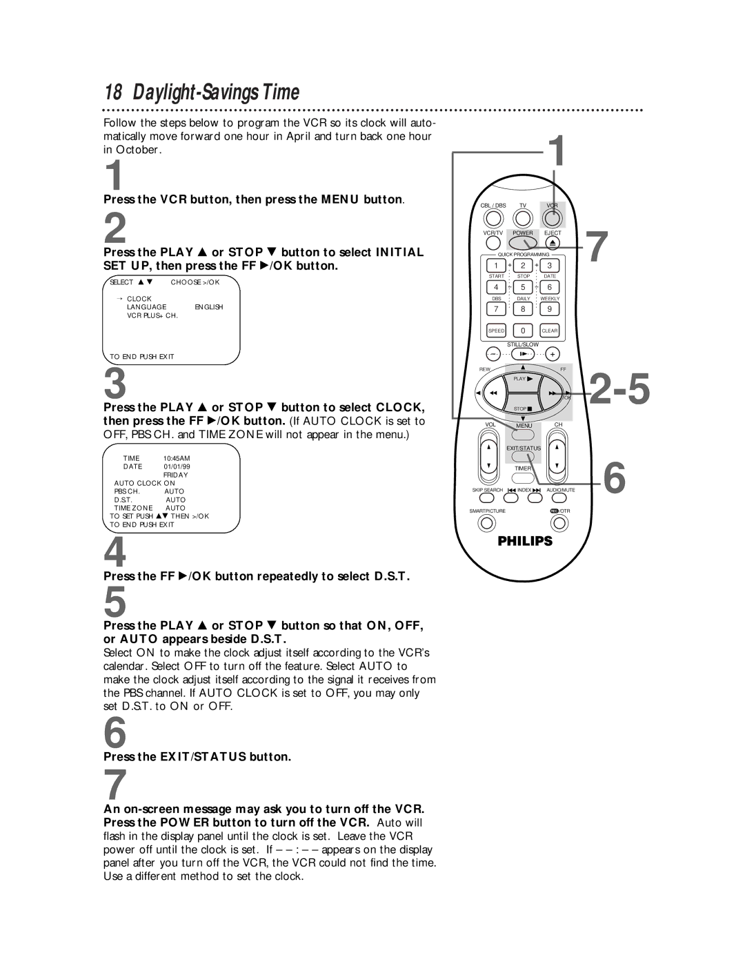 Magnavox VRA651AT owner manual Daylight-Savings Time, OFF, PBS CH. and Time Zone will not appear in the menu 