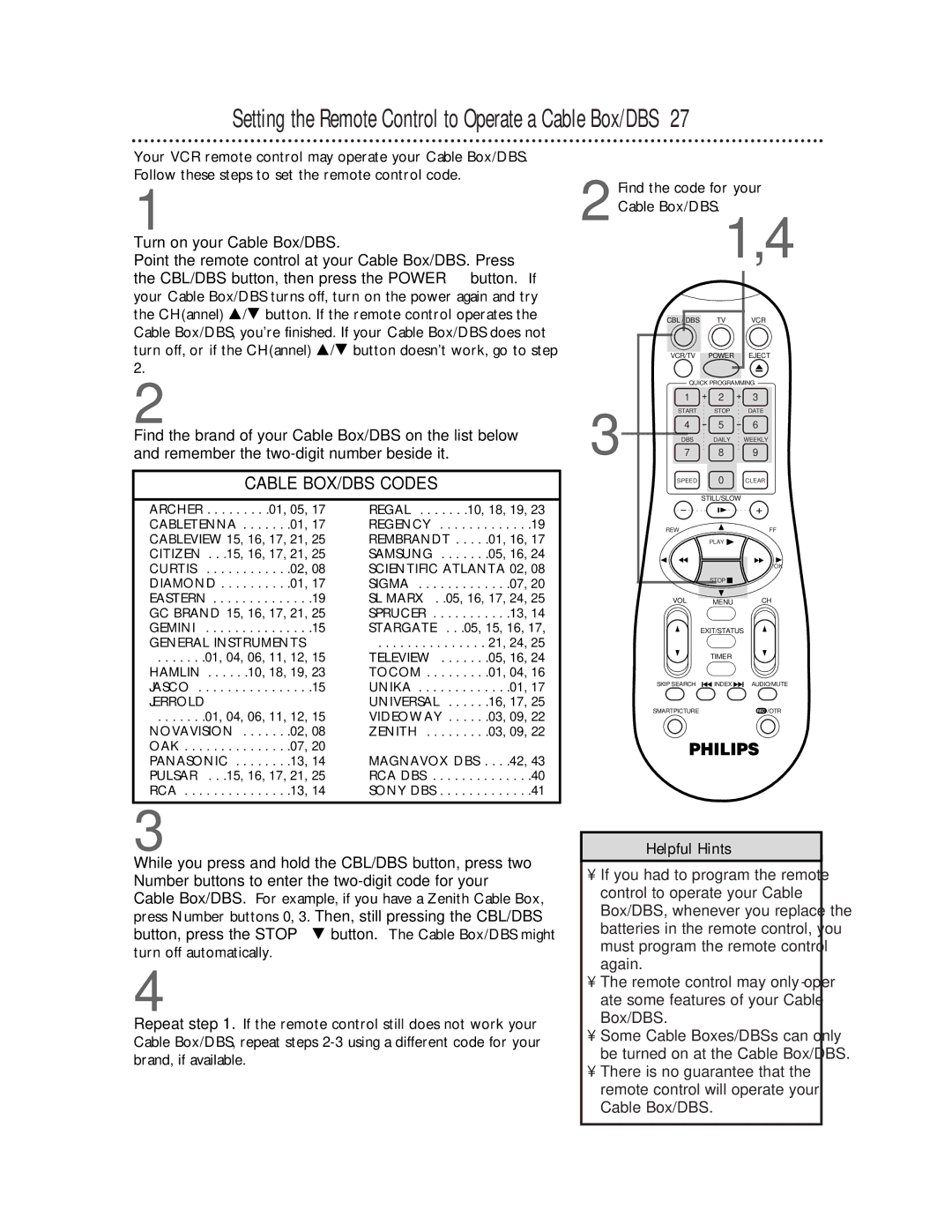 Magnavox VRA651AT owner manual Setting the Remote Control to Operate a Cable Box/DBS 