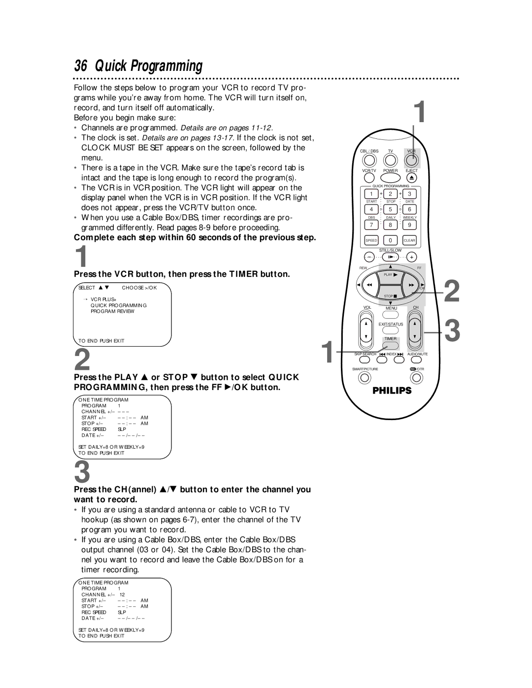 Magnavox VRA651AT owner manual Quick Programming, Channels are programmed. Details are on pages 