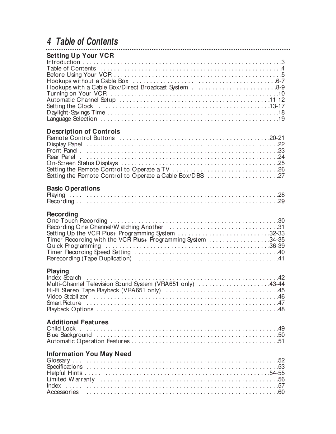 Magnavox VRA651AT owner manual Table of Contents 