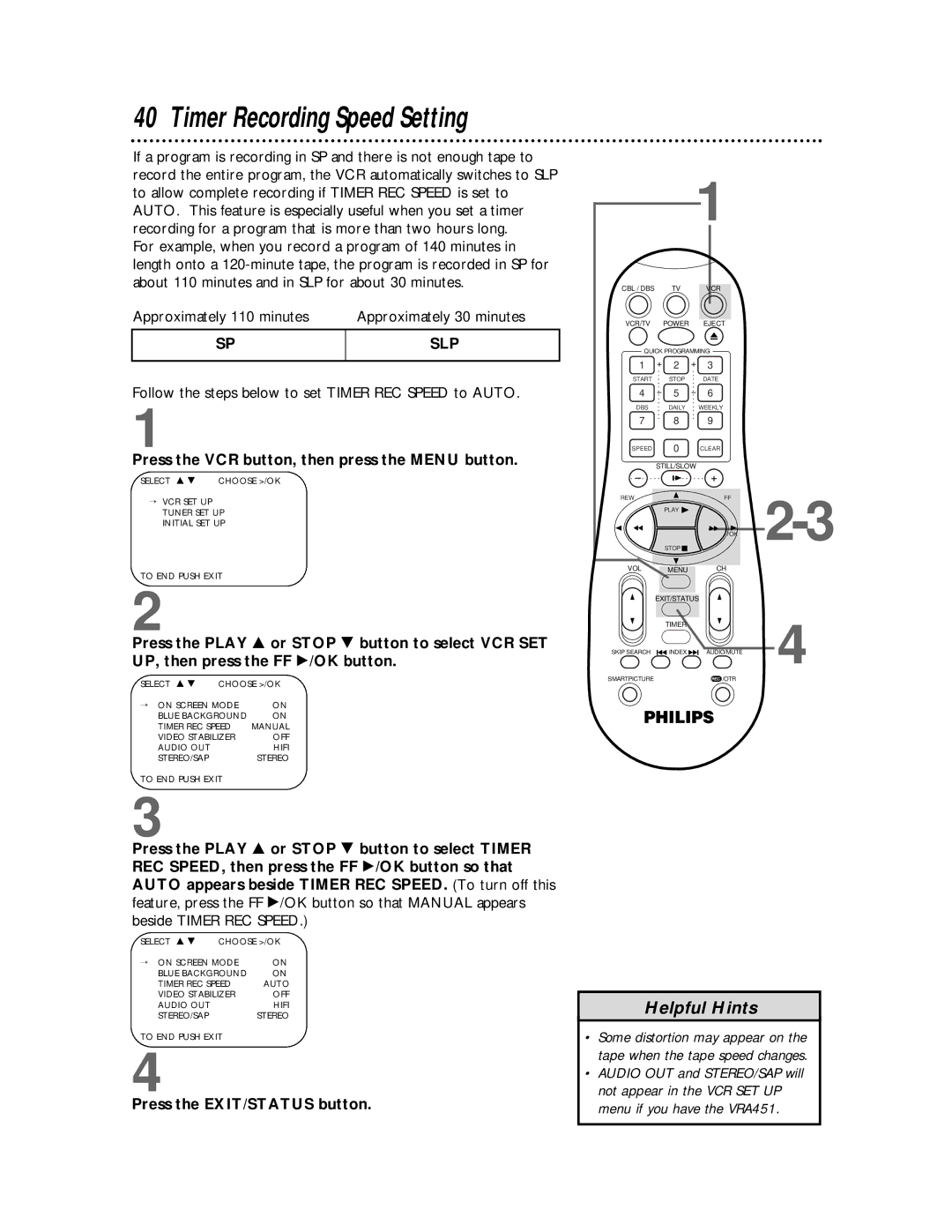 Magnavox VRA651AT owner manual Timer Recording Speed Setting, Follow the steps below to set Timer REC Speed to Auto 