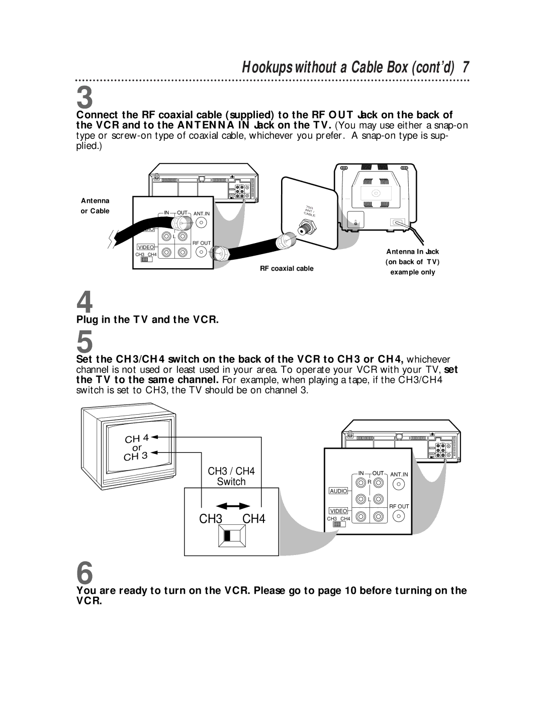 Magnavox VRA651AT owner manual Hookups without a Cable Box cont’d, CH3 CH4 