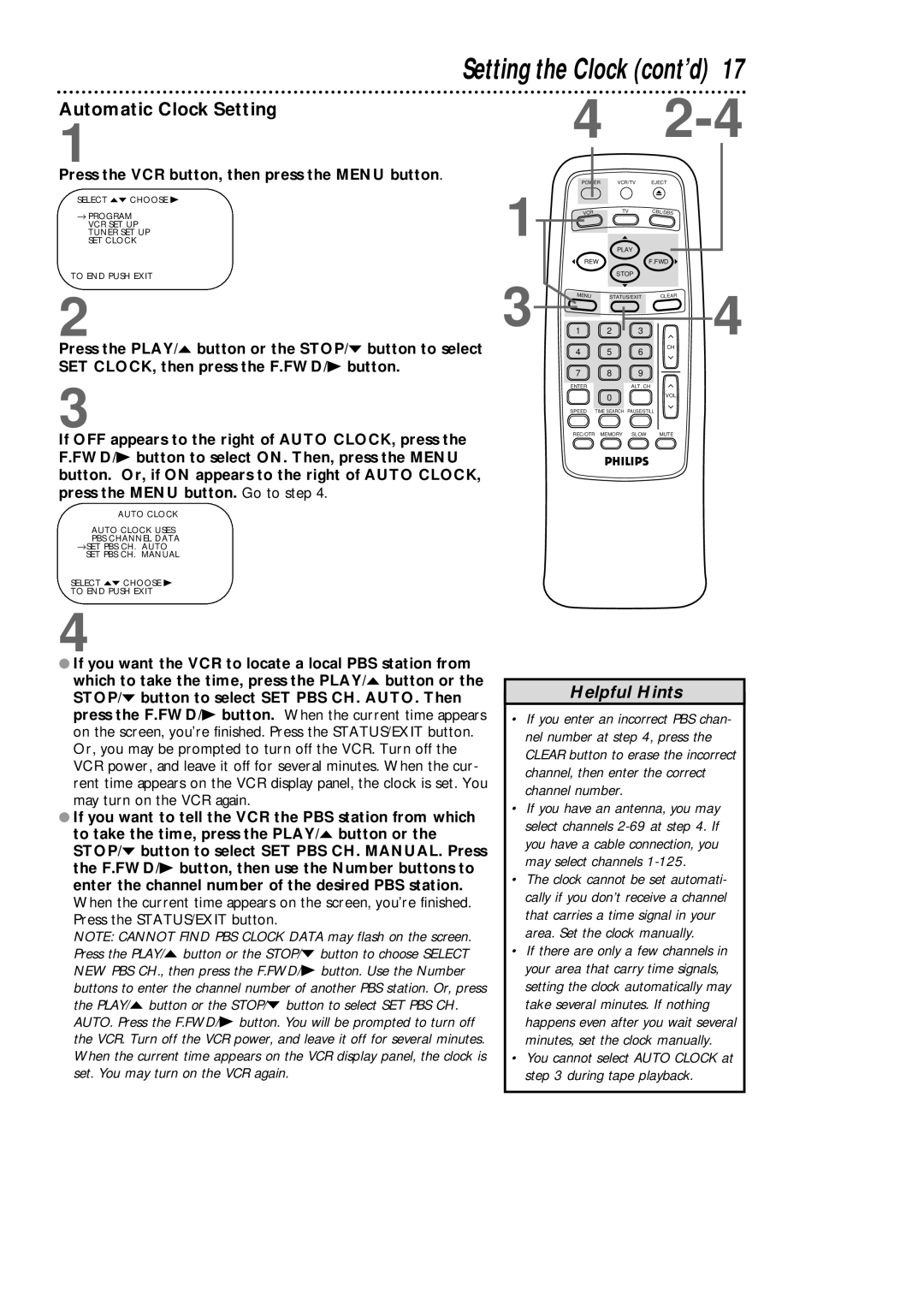 Magnavox VRB611AT, VRB411AT owner manual Automatic Clock Setting, Press the VCR button, then press the Menu button 