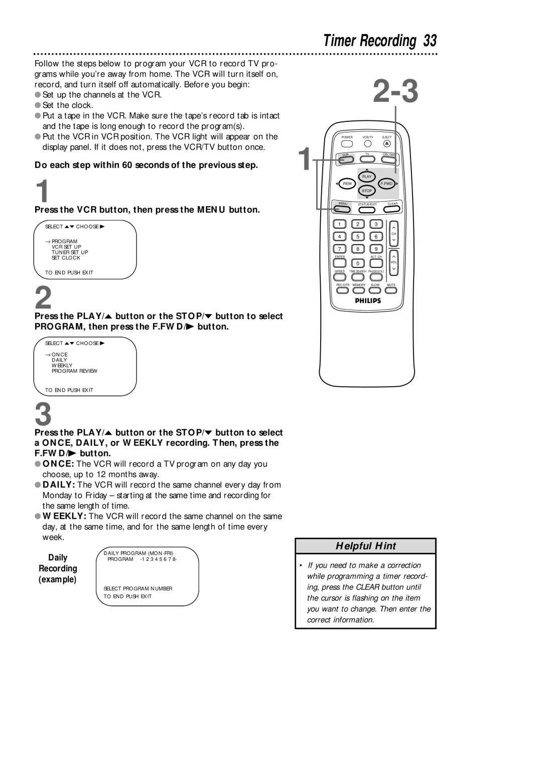 Magnavox VRB611AT, VRB411AT owner manual Timer Recording, Daily 