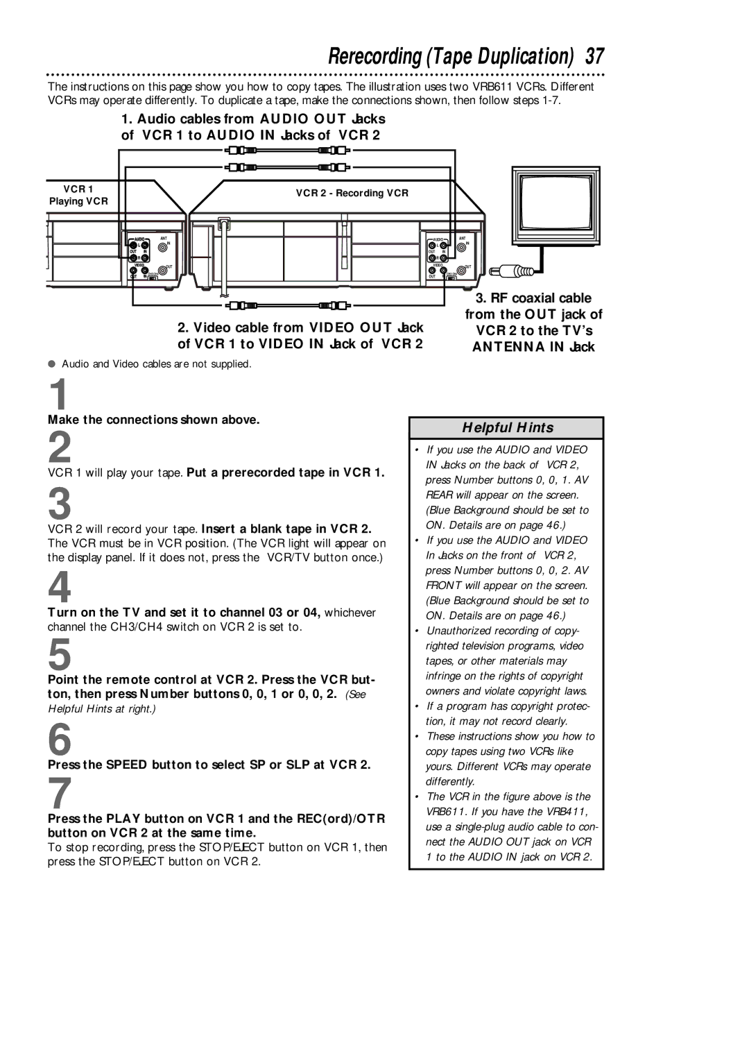 Magnavox VRB611AT, VRB411AT owner manual Rerecording Tape Duplication, RF coaxial cable 