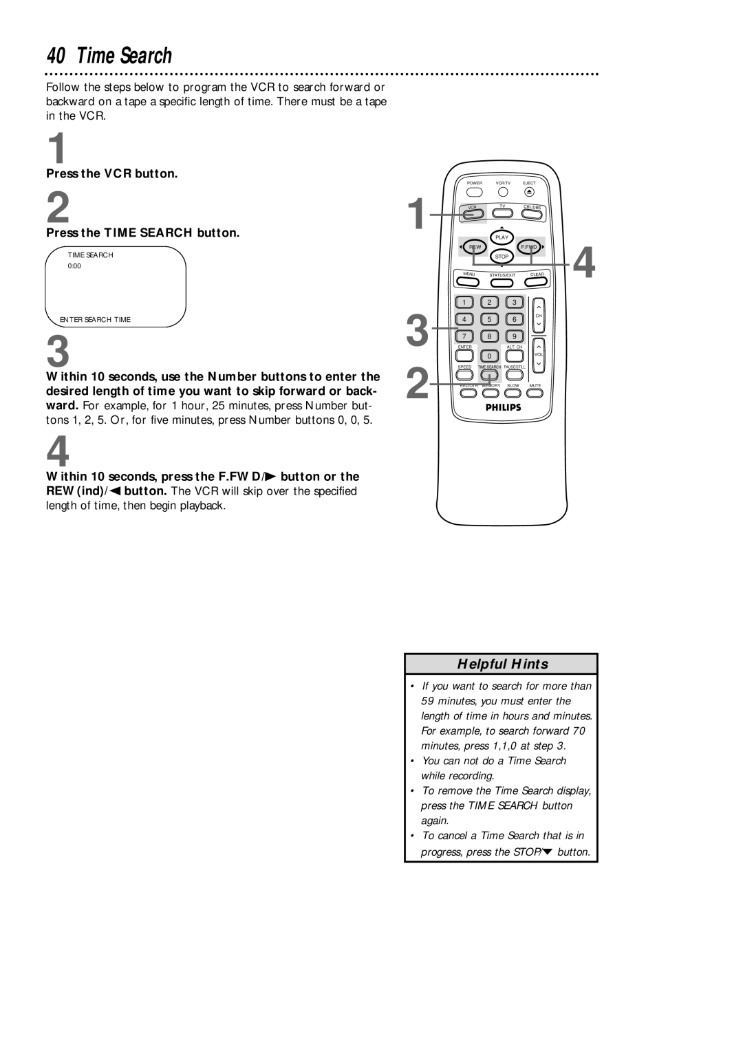 Magnavox VRB411AT, VRB611AT owner manual Press the VCR button Press the Time Search button 