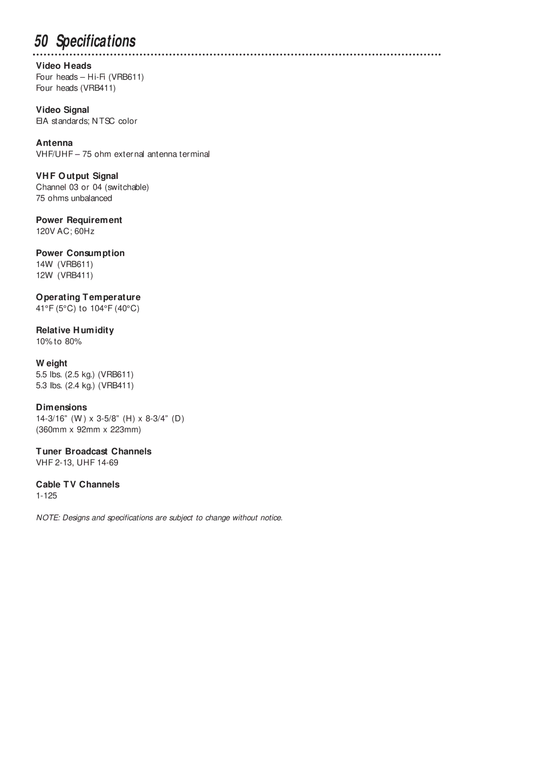 Magnavox VRB411AT, VRB611AT owner manual Specifications 