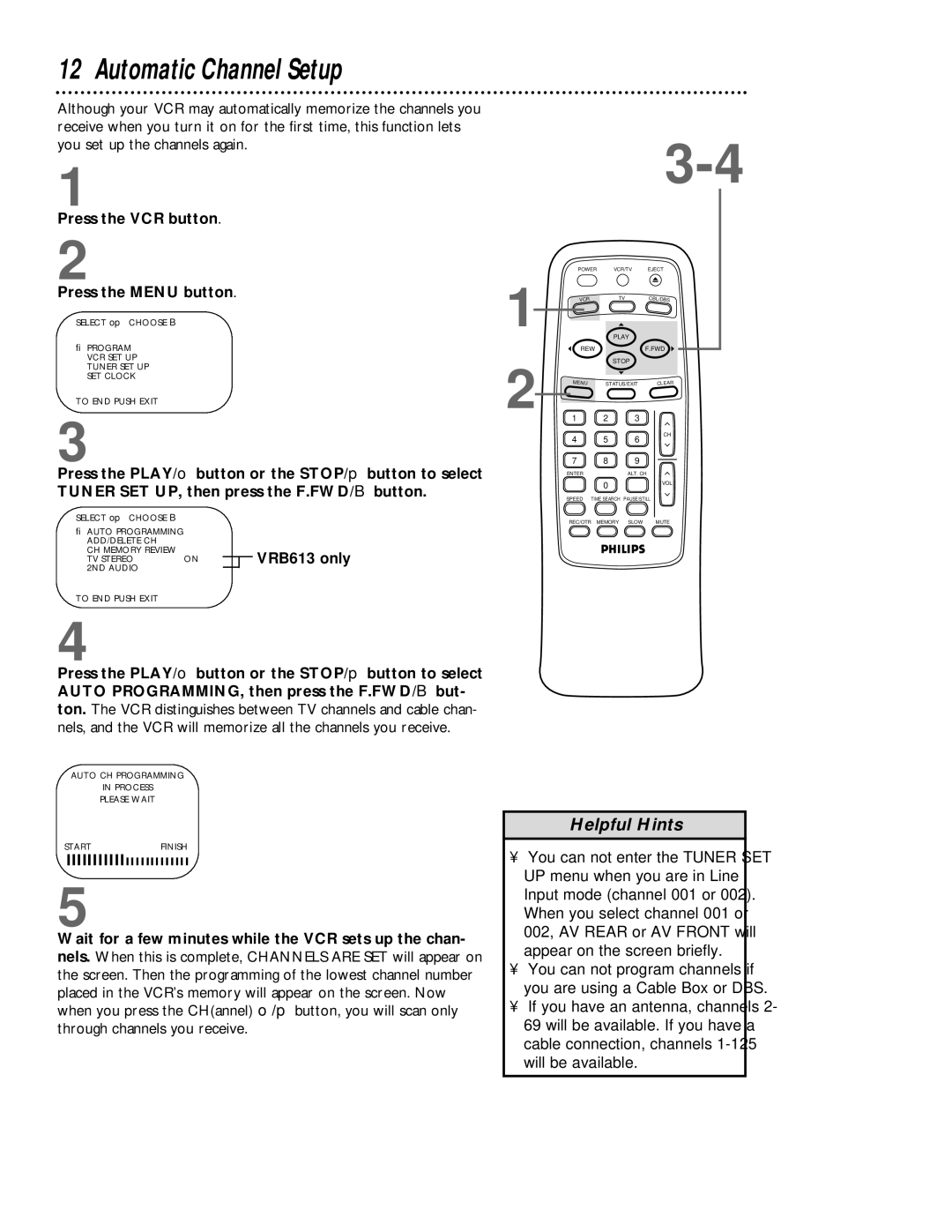 Magnavox VRB613AT, VRB413AT owner manual Automatic Channel Setup, Press the VCR button Press the Menu button, VRB613 only 