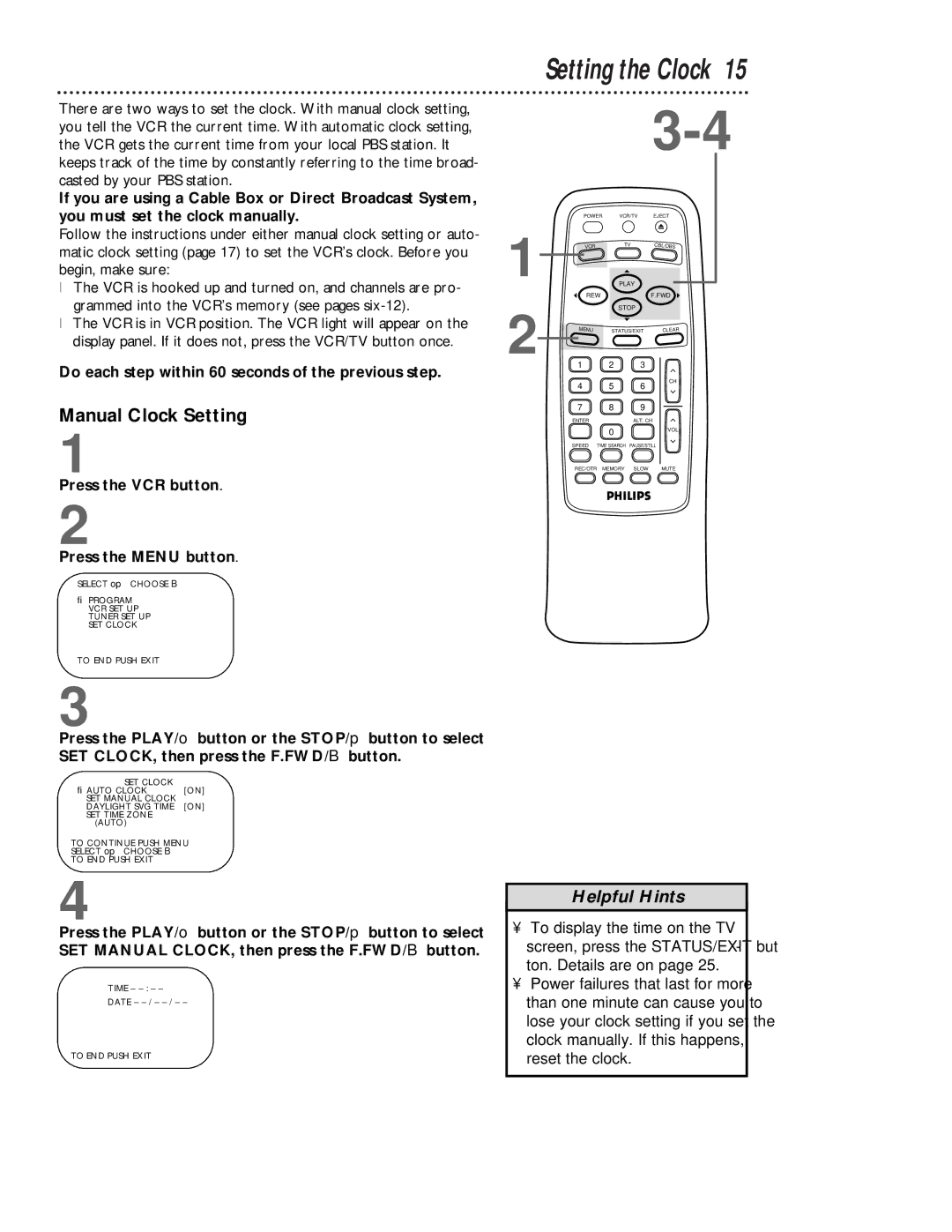 Magnavox VRB413AT, VRB613AT Setting the Clock, Manual Clock Setting, Do each step within 60 seconds of the previous step 