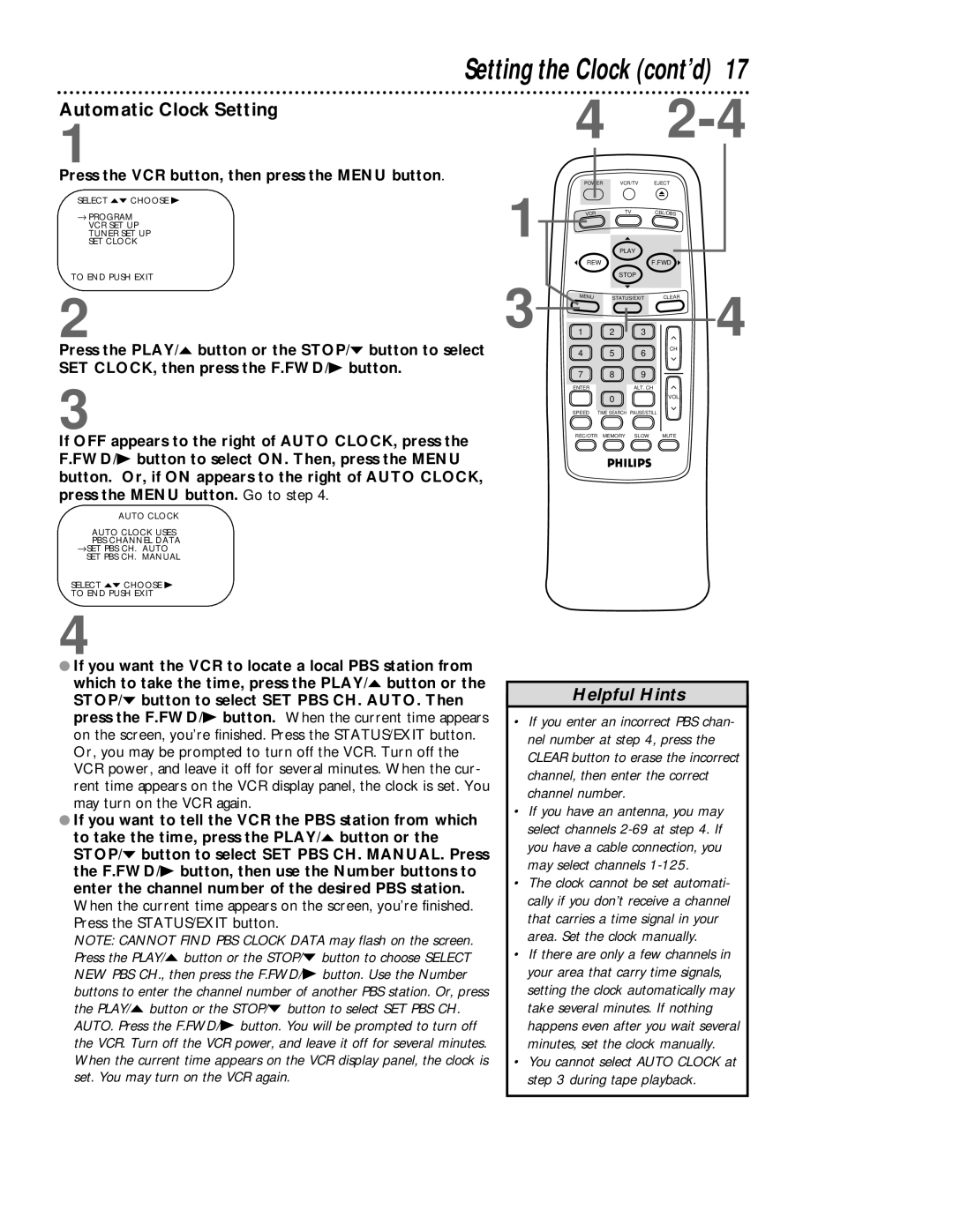 Magnavox VRB413AT, VRB613AT owner manual Automatic Clock Setting, Press the VCR button, then press the Menu button 