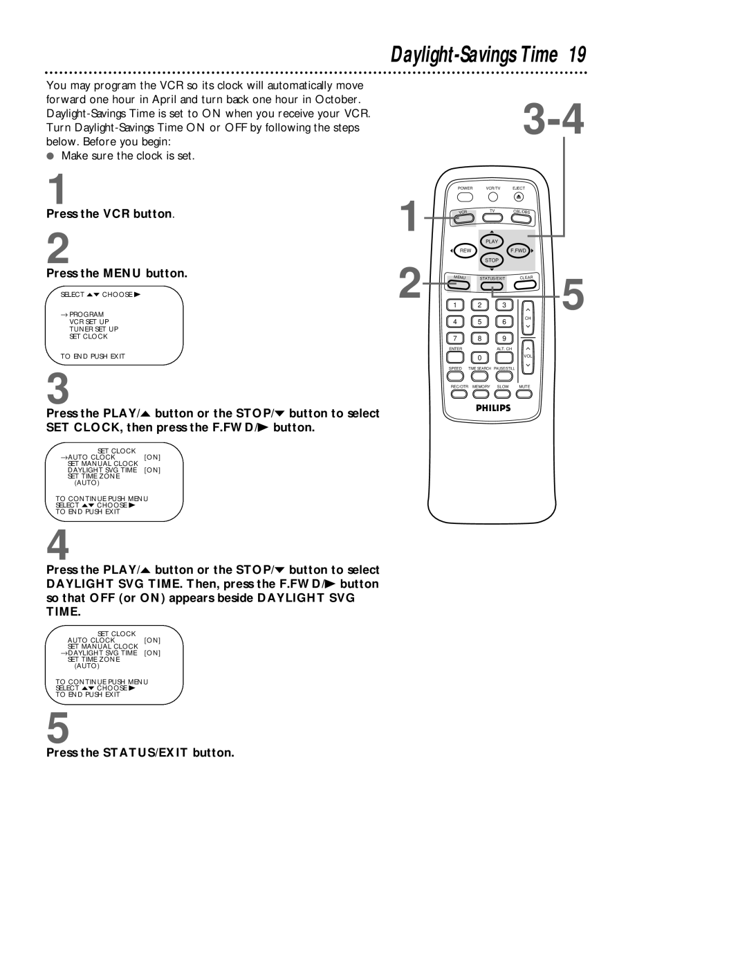 Magnavox VRB413AT, VRB613AT owner manual Daylight-Savings Time, Press the VCR button 