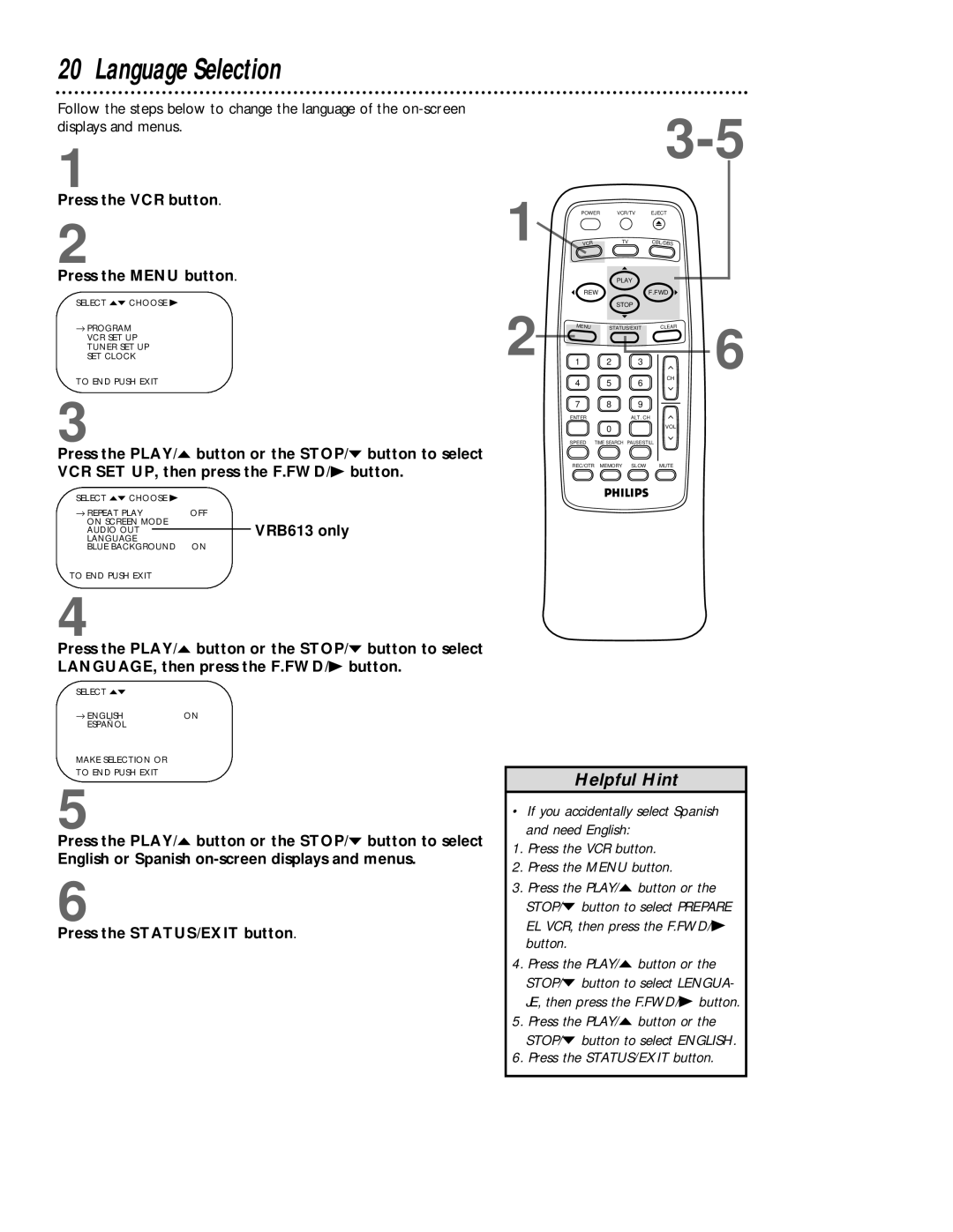 Magnavox VRB613AT, VRB413AT owner manual Language Selection, VRB613 only 