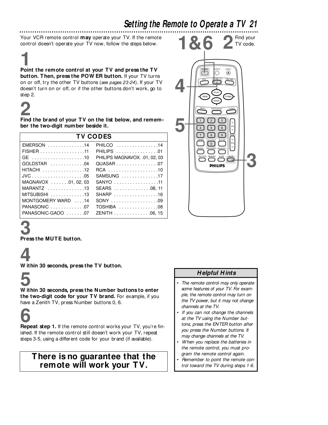 Magnavox VRB413AT, VRB613AT Setting the Remote to Operate a TV, Your VCR remote control may operate your TV. If the remote 